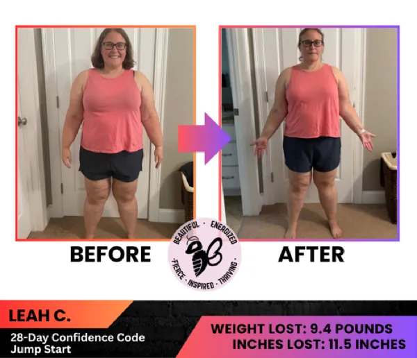 Leah C. before and after her 28-Day Confidence Code Jump Start