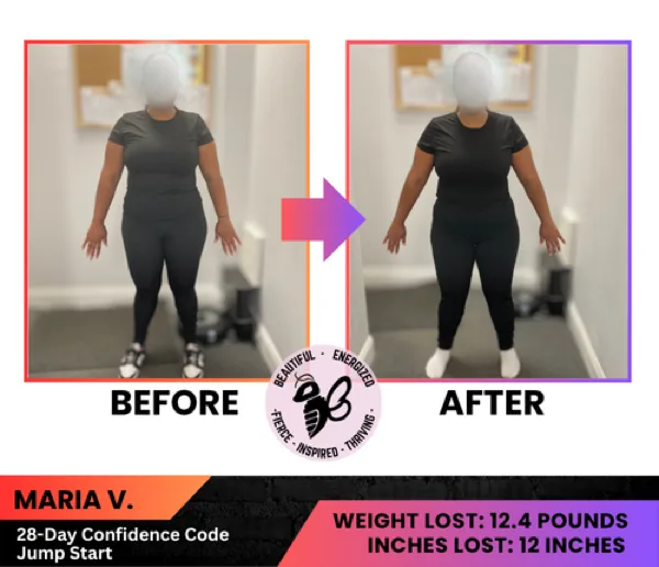 Maria V. before and after her 28-Day Confidence Code Jump Start